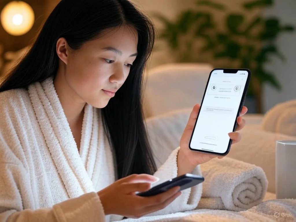 Người phụ nữ trẻ người Việt Nam đang sử dụng điện thoại thông minh để tương tác với chatbot tư vấn spa trong bối cảnh thư giãn, với ánh sáng dịu nhẹ và cây cối xung quanh, hiển thị các tùy chọn \