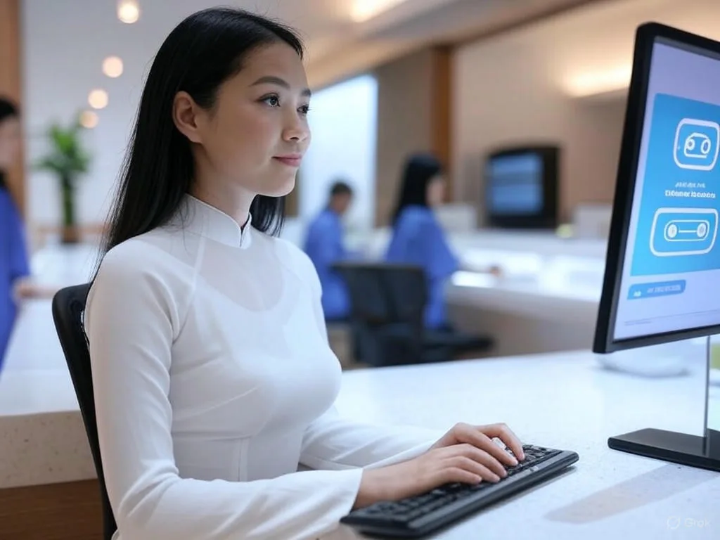 Chủ spa người Việt, phụ nữ 30 tuổi, đang xem xét chatbot tư vấn spa trên máy tính ở khu vực lễ tân yên bình.