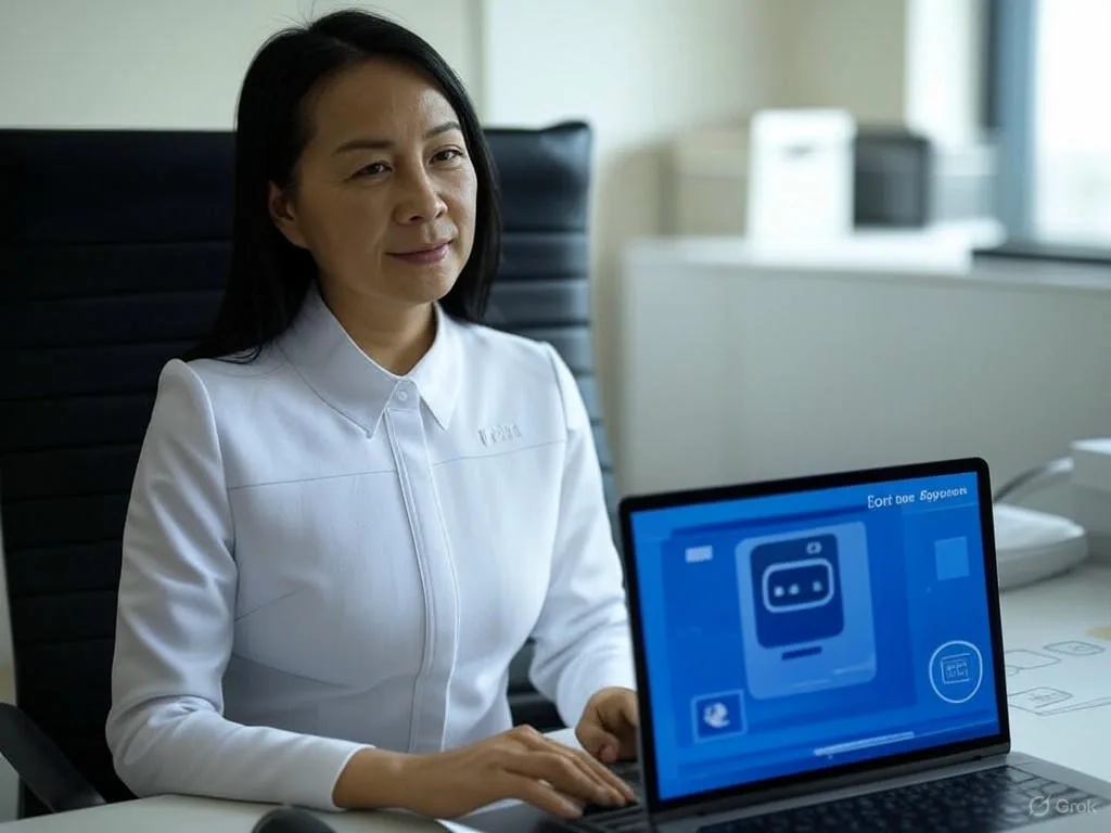 Chủ spa người Việt đang ngồi một mình trong văn phòng spa hiện đại, sử dụng chatbot tư vấn spa trên laptop để hiển thị giao diện đặt lịch hẹn, với các ghi chú và biểu tượng bước trên bàn, thể hiện không khí chuyên nghiệp và hiệu quả.