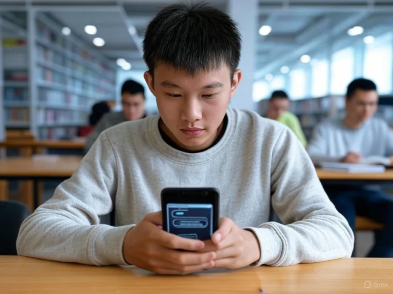 alt="Học sinh trẻ người Việt đang tương tác với chatbot học vụ trên điện thoại thông minh trong thư viện đại học hiện đại, với sách và laptop xung quanh, tạo không khí hữu ích và hiệu quả."