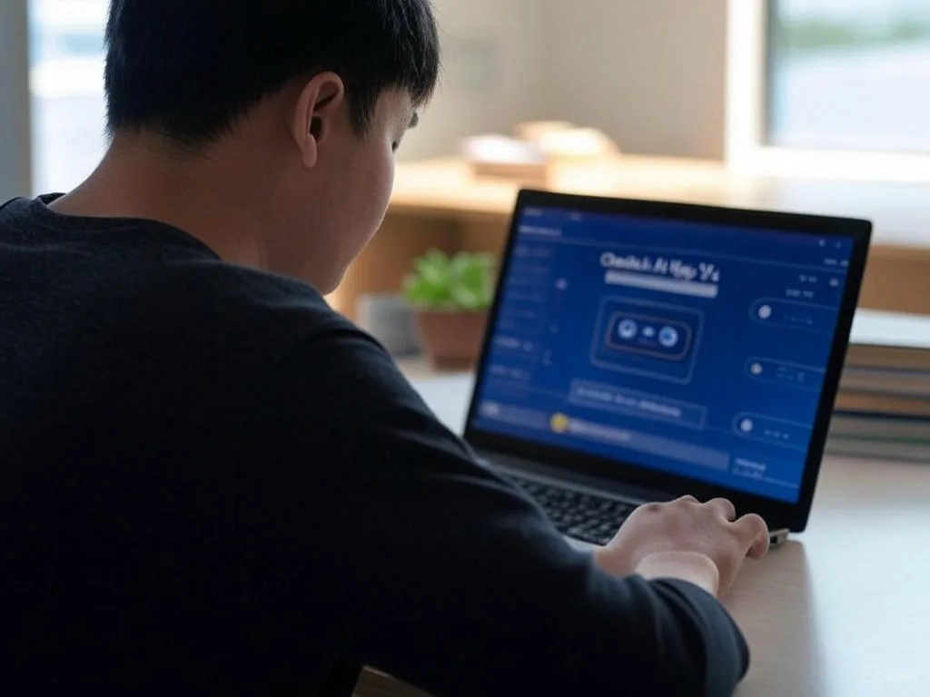 Một sinh viên Việt Nam khoảng 20 tuổi đang tương tác với chatbot học vụ trên laptop trong phòng ký túc xá đại học hiện đại.