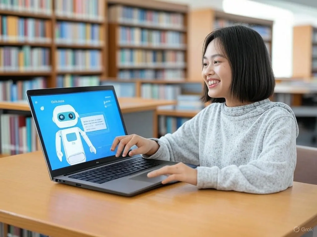 Một sinh viên trẻ người Việt đang mỉm cười khi sử dụng chatbot học vụ trên laptop trong thư viện đại học hiện đại, thể hiện sự hiệu quả và dễ tiếp cận.