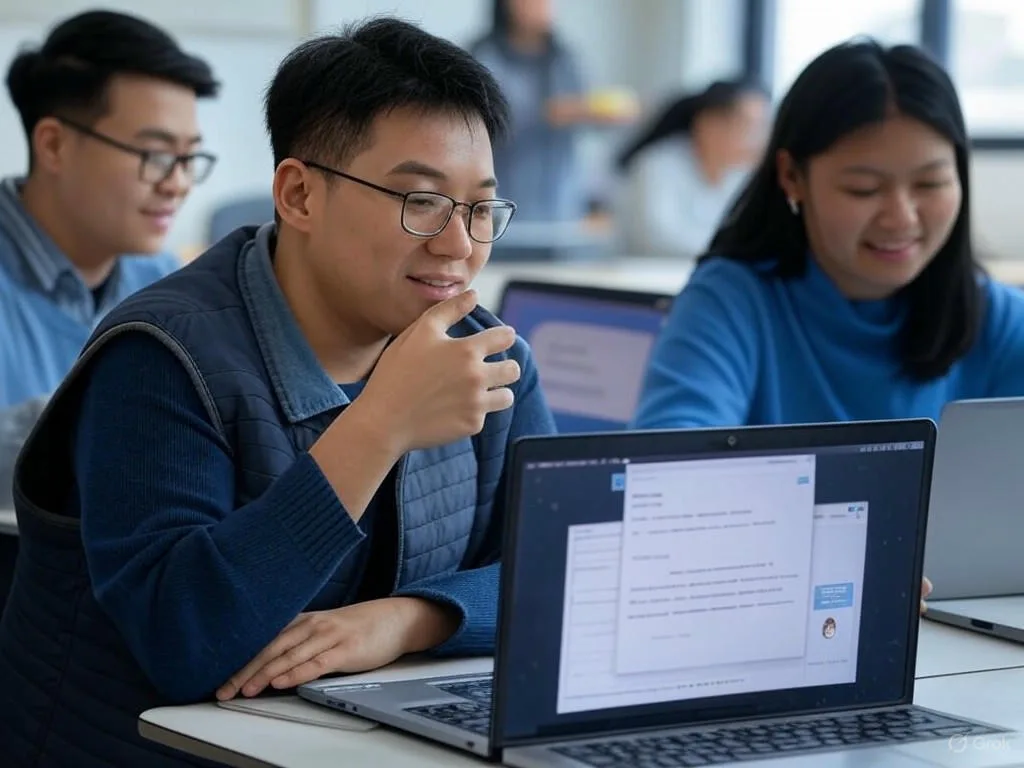 Ba sinh viên đại học Việt Nam đang tương tác tích cực với chatbot học vụ trên laptop và điện thoại trong lớp học hiện đại, thể hiện môi trường học tập hợp tác và thành công.