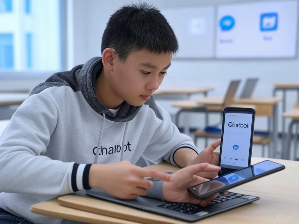 Học sinh Việt Nam trẻ tuổi đang tương tác với chatbot học vụ trên laptop và smartphone trong lớp học hiện đại, với các màn hình kỹ thuật số hiển thị biểu tượng Zalo và Facebook Messenger.