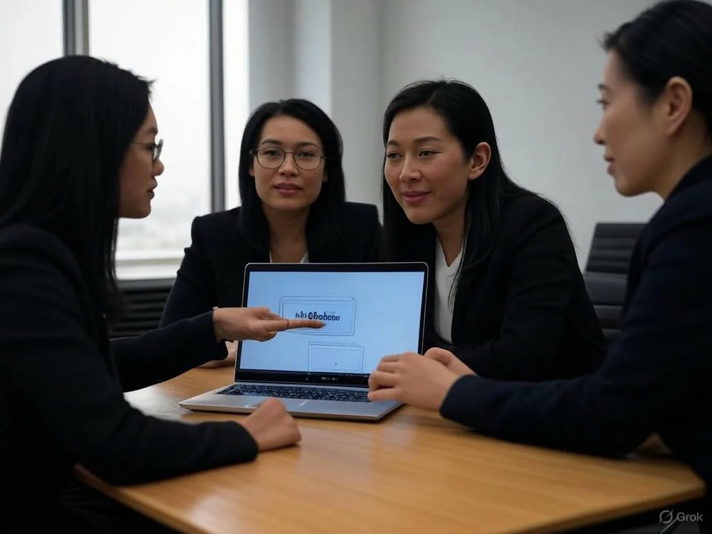 Ba nhà giáo viên Việt Nam đang hợp tác thảo luận triển khai chatbot học vụ trên laptop trong phòng họp hiện đại, chỉ vào giao diện AI Challenges.