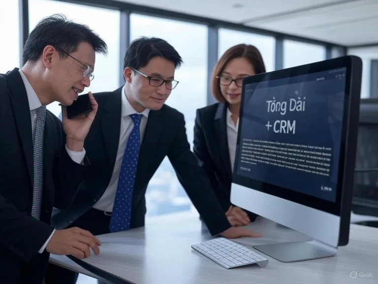 Ba chuyên gia Việt Nam trong văn phòng hiện đại đang so sánh tổng đài với hệ thống CRM, một người gọi điện thoại và hai người xem bảng điều khiển chung với chữ "Tổng Đài + CRM".