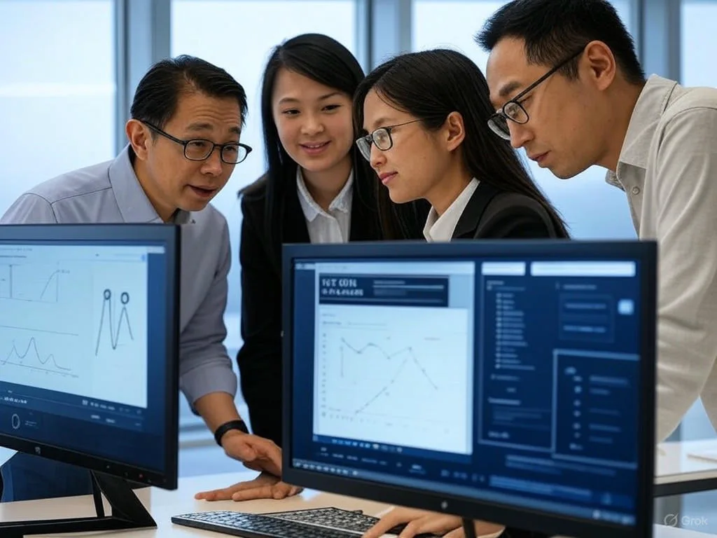 Ba chuyên gia châu Á hợp tác trong văn phòng hiện đại, so sánh tổng đài qua biểu đồ dữ liệu và giao diện AI trên màn hình máy tính.