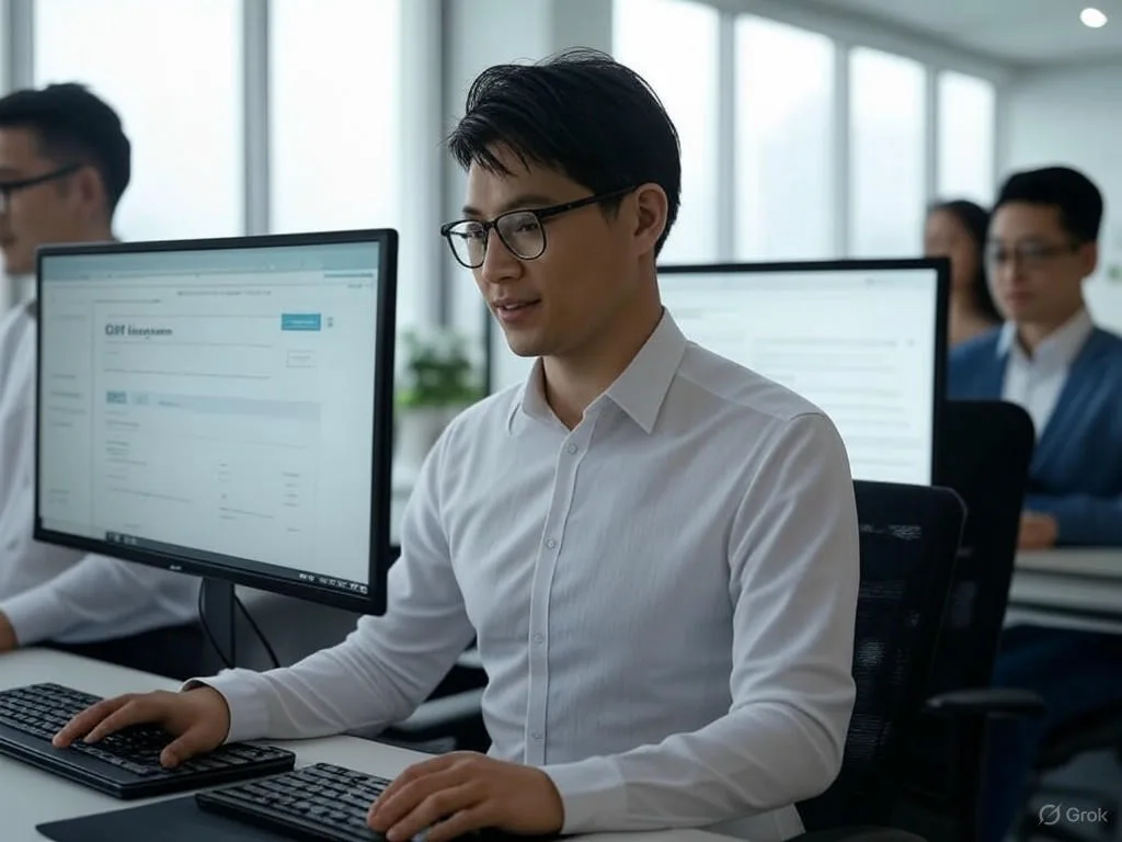 Nhân viên Việt Nam trong văn phòng hiện đại so sánh tổng đài với hệ thống CRM tích hợp, quản lý tương tác khách hàng qua định tuyến cuộc gọi nhanh và góc nhìn 360 độ.
