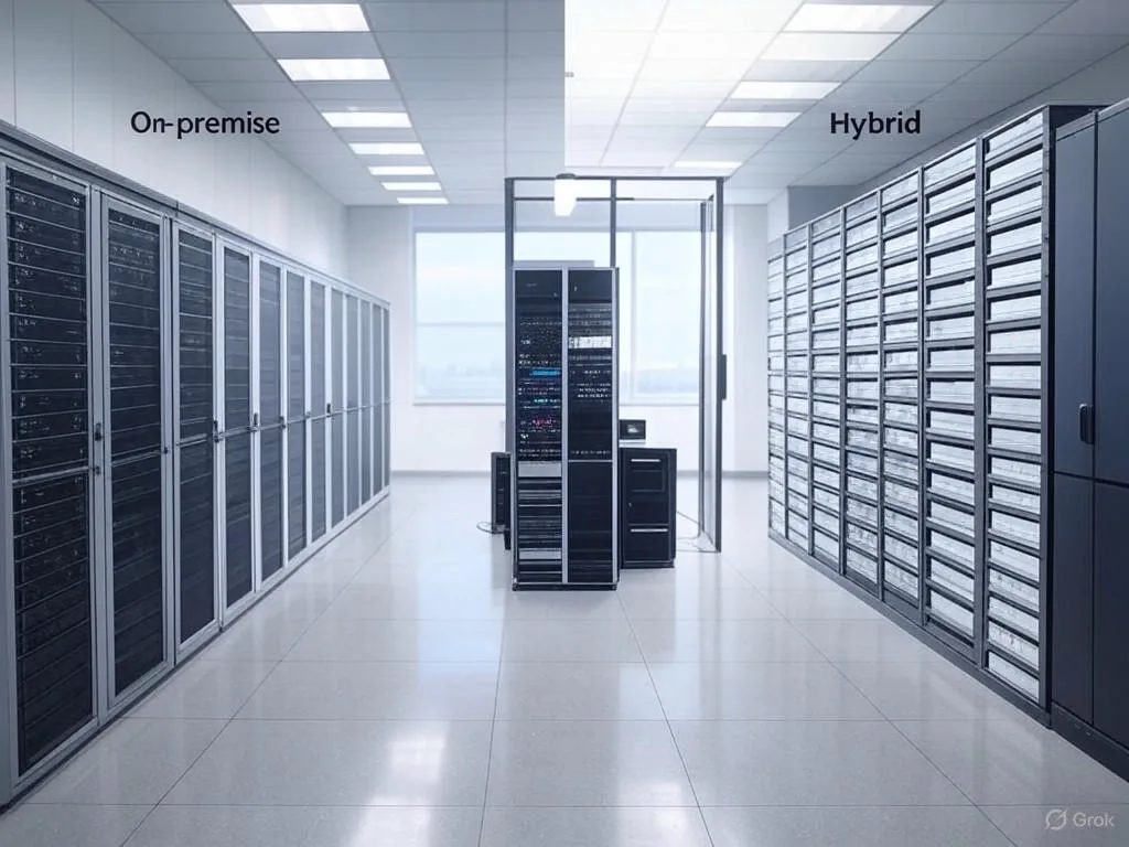 Phân biệt và so sánh tổng đài: Hình ảnh minh họa so sánh bên cạnh giữa hệ thống On-premise với phòng máy chủ an toàn, hệ thống Cloud với trung tâm dữ liệu hiện đại, và hệ thống Hybrid với kết hợp thiết bị địa phương và đám mây.