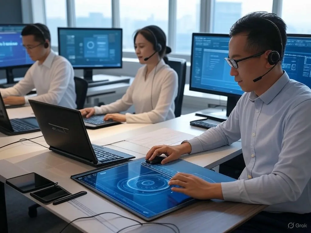 Hình ảnh minh họa phân biệt tổng đài và so sánh tổng đài trong môi trường trung tâm gọi hiện đại, với 3 chuyên gia châu Á hợp tác tại bàn làm việc trang bị giao diện AI, thiết bị IoT và màn hình omnichannel, bao gồm hiển thị hologram và phân tích dữ liệu.