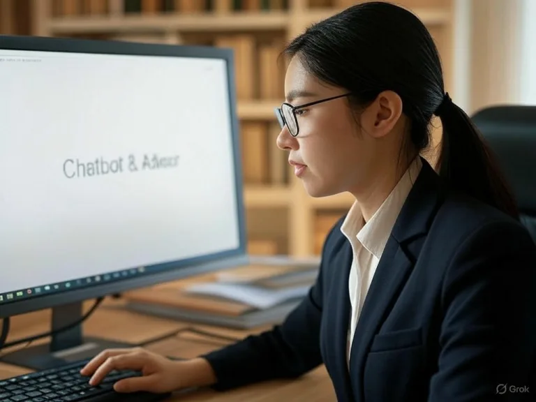 Cố vấn đại học Việt Nam trẻ tuổi, mặc trang phục chuyên nghiệp, đang tương tác với chatbot tuyển sinh trên màn hình máy tính, tượng trưng cho sự hợp tác giữa AI và hỗ trợ tuyển sinh.