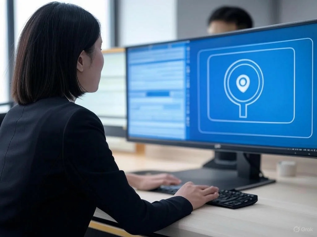 Hình ảnh tư vấn viên tuyển sinh châu Á đang sử dụng chatbot tuyển sinh trên máy tính trong văn phòng hiện đại, với đồng nghiệp Việt Nam quan sát ở nền, nhấn mạnh sự hợp tác.