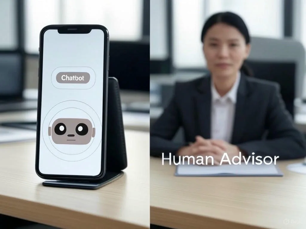 So sánh chatbot tuyển sinh với cố vấn con người: bên trái là smartphone hiển thị giao diện chatbot đơn giản và sáng, thể hiện tốc độ và sẵn có; bên phải là một cố vấn Việt Nam tại bàn, nhấn mạnh sự nhất quán.