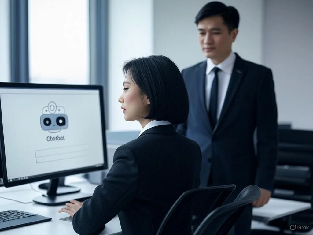 Chatbot tuyển sinh trong văn phòng hiện đại: Nhân viên nữ người Việt khoảng 30 tuổi đang xem xét giao diện chatbot đơn giản trên màn hình máy tính, với nhân viên nam khoảng 40 tuổi đứng bên cạnh quan sát.