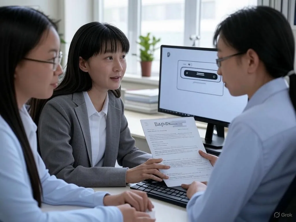 Ba cá nhân Việt Nam đang thảo luận triển khai chatbot tuyển sinh trong văn phòng trường học: một người tại máy tính với màn hình chatbot đơn giản, một người cầm tài liệu \
