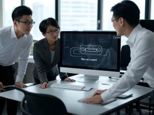 Cảnh văn phòng hiện đại với trợ lý ảo nội bộ hỗ trợ ba chuyên gia Việt Nam hợp tác hiệu quả qua giao diện chatbot trên màn hình máy tính, nhấn mạnh tự động hóa và năng suất.