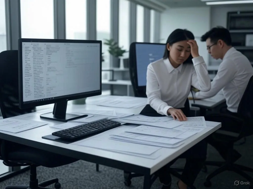 Cảnh văn phòng hiện đại Việt Nam với ba chuyên gia châu Á trông căng thẳng: hai nhân viên HR đang sắp xếp tài liệu và kiểm tra email ngập tràn, một nhân viên IT tương tác với trợ lý ảo nội bộ trên màn hình có văn bản \