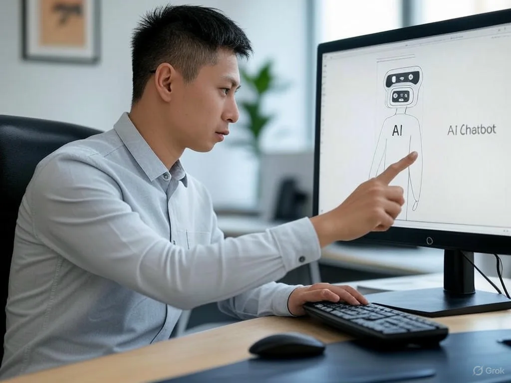 Một nhân viên Việt Nam đang tương tác với trợ lý ảo nội bộ qua màn hình máy tính trong văn phòng hiện đại, hỏi câu hỏi với dòng chữ 'AI Chatbot' hiển thị.