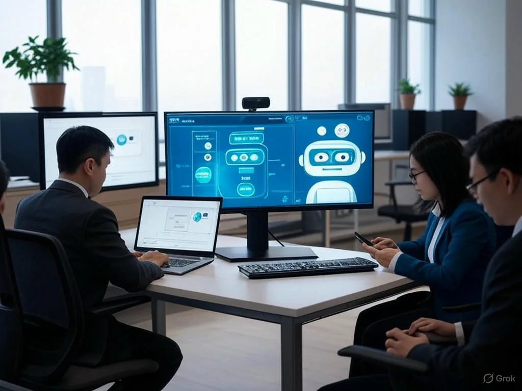 Ba chuyên gia Việt Nam hợp tác trong văn phòng hiện đại, sử dụng trợ lý ảo nội bộ cho chatbot HR, hỗ trợ IT trên laptop và xử lý câu hỏi hoạt động trên điện thoại.