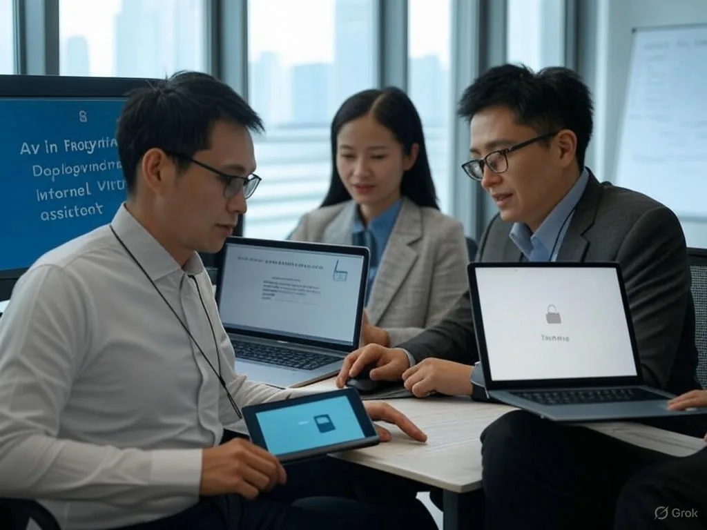 Ba chuyên gia Việt Nam trong văn phòng hiện đại hợp tác triển khai trợ lý ảo nội bộ, với một người xử lý tích hợp hệ thống, một người quản lý bảo mật dữ liệu, và một người thực hiện đào tạo nhân viên qua máy tính xách tay.
