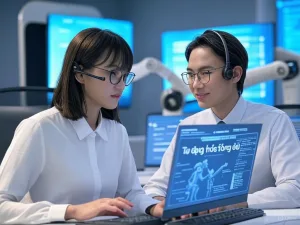 Hình ảnh trung tâm gọi điện hiện đại của Việt Nam, với nhân viên châu Á đang tương tác với giao diện AI trên màn hình, bao quanh bởi các yếu tố công nghệ tự động hóa tổng đài như màn hình kỹ thuật số và cánh tay robot, nhấn mạnh hiệu quả và đổi mới.