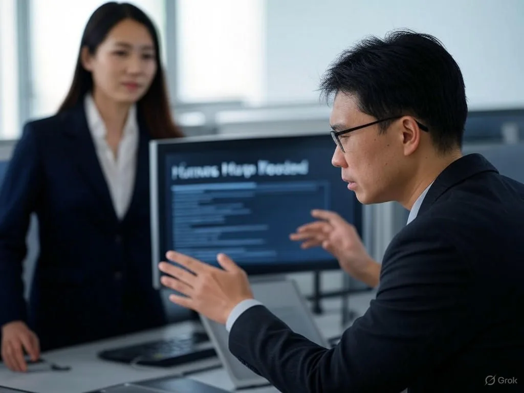 Khách hàng châu Á bực bội tại bàn làm việc tự động hoá tổng đài, tương tác với màn hình hiển thị 'Cần sự giúp đỡ của con người', trong khi nhân viên Việt Nam hỗ trợ, thể hiện sự cân bằng giữa tự động hoá tổng đài và sự đồng cảm con người.