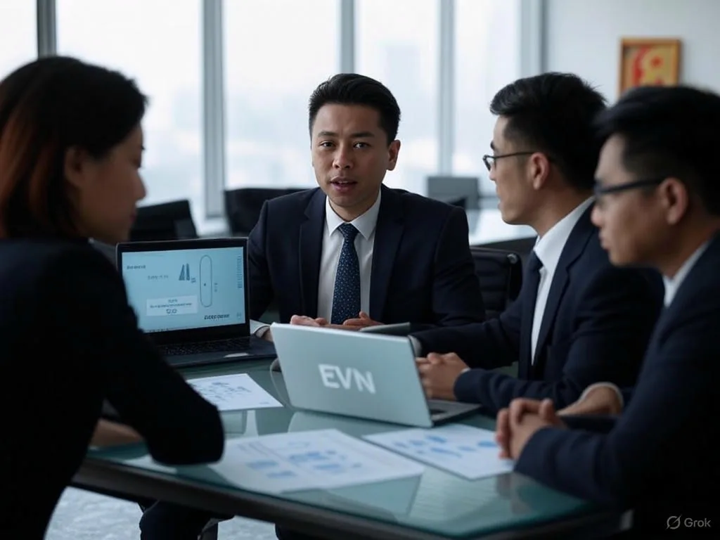 Ba chuyên gia Việt Nam đang thảo luận về tự động hóa tổng đài trong văn phòng hiện đại, với laptop, máy chủ và biểu đồ thể hiện tiết kiệm chi phí cùng yếu tố bảo mật, màn hình một laptop hiển thị 'EVN'.