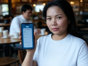 Khách hàng Việt Nam trong quán cà phê nhộn nhịp đang tương tác với chatbot bán hàng trên điện thoại, hiển thị gợi ý thực đơn, và một người khác ở hậu cảnh gần cốc cà phê.
