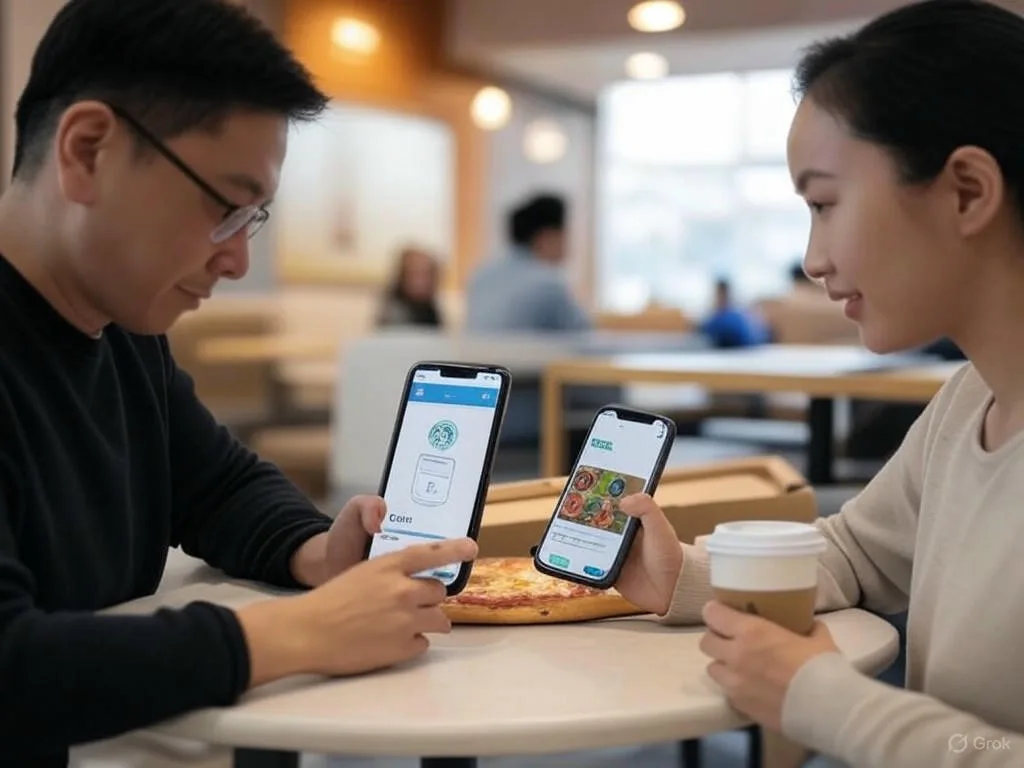Hai khách hàng người Việt đang sử dụng chatbot bán hàng trên điện thoại để đặt pizza từ Domino's với màn hình hiển thị 'Dom' và hộp pizza, cùng đặt đồ uống từ Starbucks với 'My Starbucks Barista' và cốc cà phê, thể hiện sự tiện lợi của công nghệ trong lĩnh vực F&B.