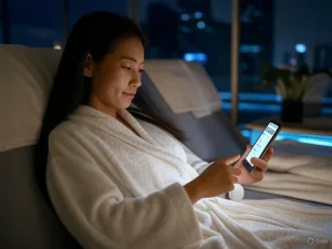 Phụ nữ Việt Nam thư giãn trên ghế dài trong spa hiện đại vào ban đêm, xem chatbot tư vấn spa trên điện thoại với văn bản "Chatbot 24/7".