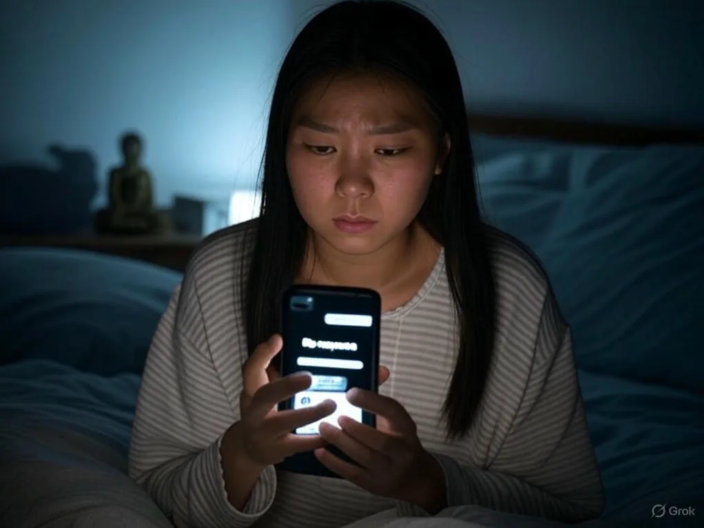 Một cô gái trẻ người Việt trông bực tức khi kiểm tra điện thoại hiển thị "No response" từ chatbot tư vấn spa trong phòng ngủ tối mờ vào nửa đêm.