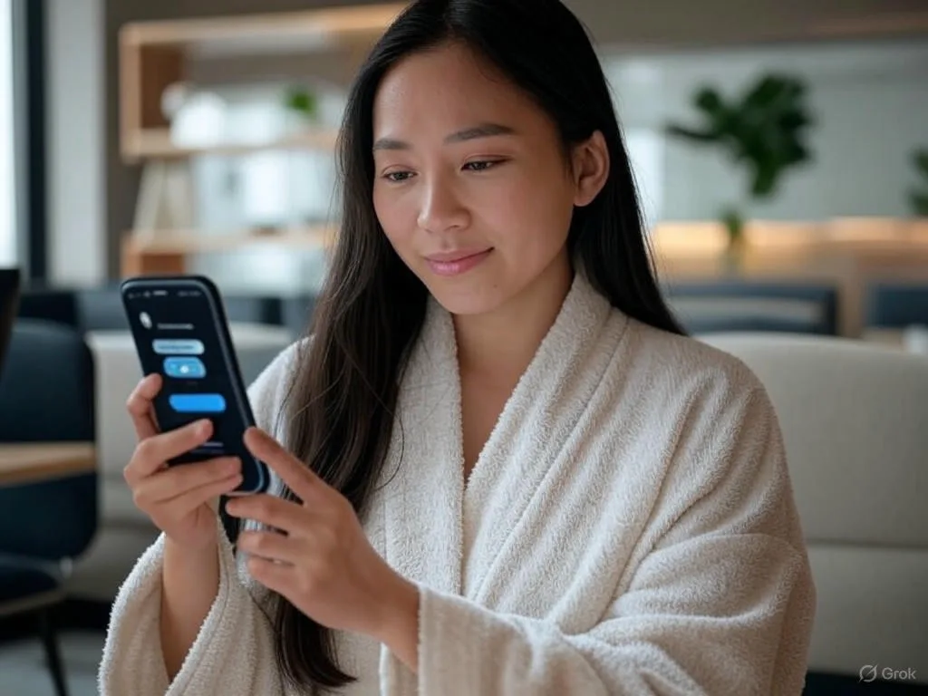 Phụ nữ Việt Nam đang tương tác với chatbot tư vấn spa trên điện thoại trong khu vực chờ spa hiện đại.