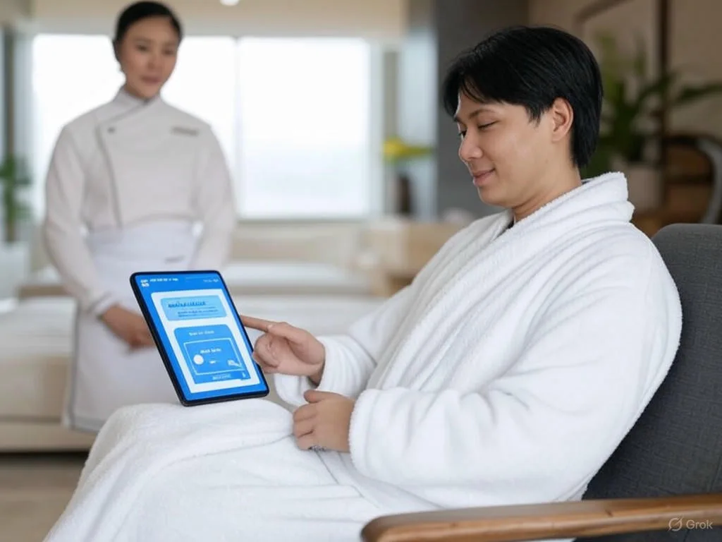 Khách hàng Việt Nam đang tương tác với chatbot tư vấn spa trên điện thoại di động trong sảnh spa yên bình, với nhân viên sẵn sàng hỗ trợ ở phía sau.