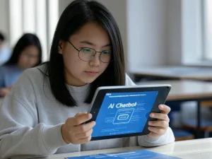 Học sinh Việt Nam đang tương tác với chatbot trong giáo dục trên máy tính bảng, trông hào hứng trong lớp học hiện đại.