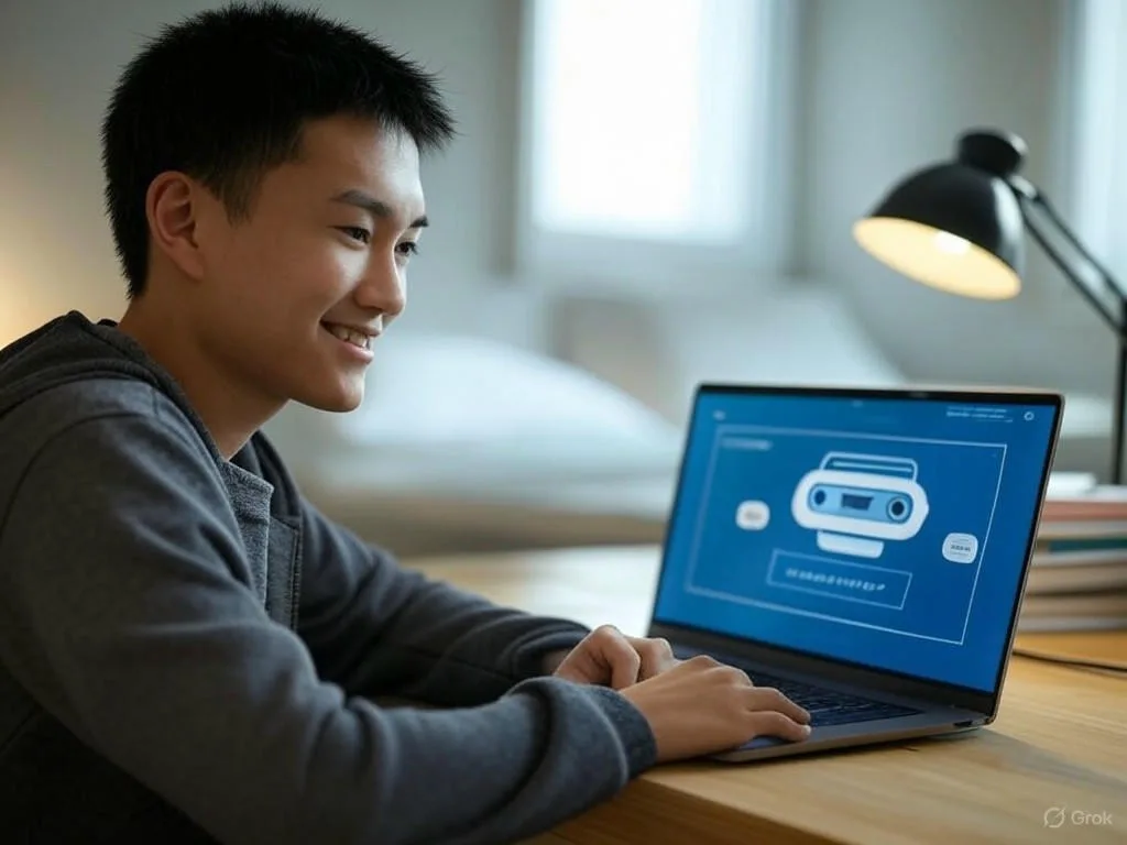 Học sinh Việt Nam khoảng 15-18 tuổi mỉm cười khi tương tác với chatbot trong giáo dục trên máy tính xách tay, trong môi trường học tập hỗ trợ với sách và ánh sáng mềm mại. Học sinh Việt Nam khoảng 15-18 tuổi mỉm cười khi tương tác với chatbot trong giáo dục trên máy tính xách tay, trong môi trường học tập hỗ trợ với sách và ánh sáng mềm mại.
