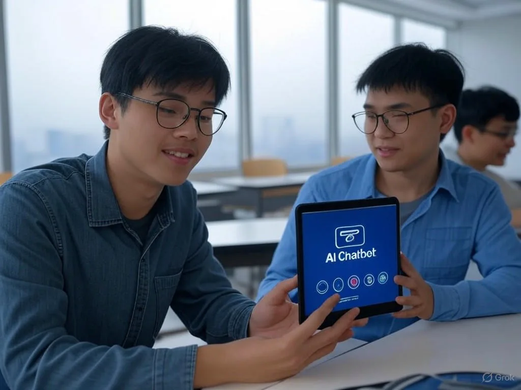 Hai sinh viên Việt Nam đang tương tác với chatbot trong giáo dục qua máy tính bảng trong lớp học đại học hiện đại. Hai sinh viên Việt Nam đang tương tác với chatbot trong giáo dục qua máy tính bảng trong lớp học đại học hiện đại.