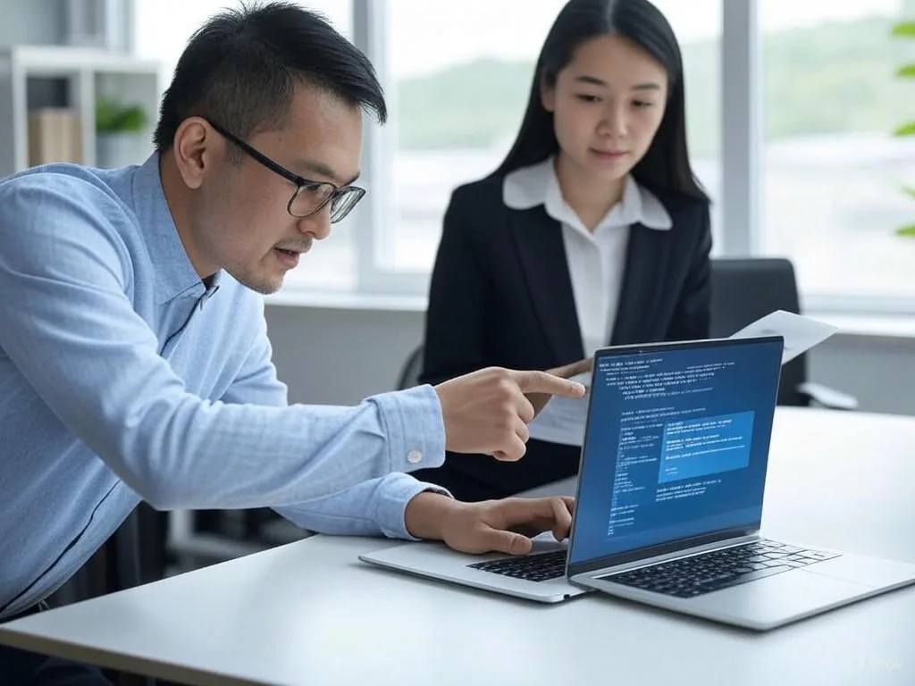 Hai chuyên gia châu Á hợp tác trên máy tính xách tay trong văn phòng trường học hiện đại, thảo luận về chatbot trong giáo dục với mã đơn giản trên màn hình và tài liệu an ninh. Hai chuyên gia châu Á hợp tác trên máy tính xách tay trong văn phòng trường học hiện đại, thảo luận về chatbot trong giáo dục với mã đơn giản trên màn hình và tài liệu an ninh.