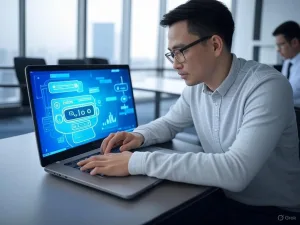 Một chuyên gia kinh doanh Việt Nam đang triển khai chatbot AI trên laptop trong văn phòng hiện đại, với bong bóng chat và biểu đồ tăng trưởng tượng trưng cho thành công kinh doanh.