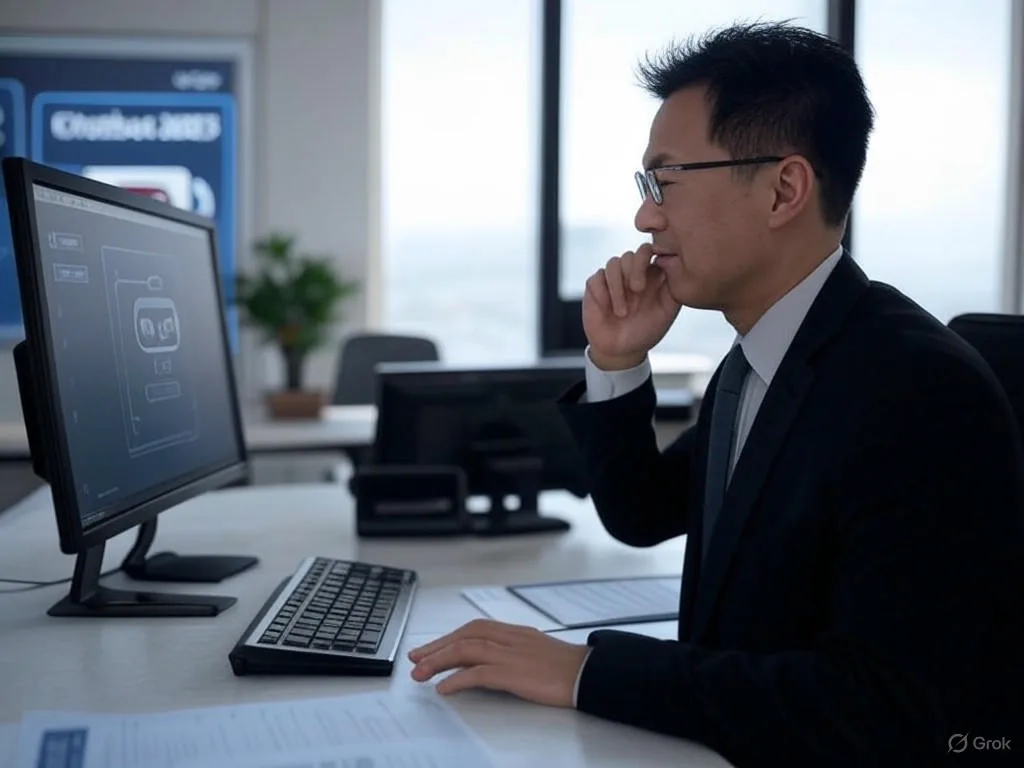 Một chuyên gia kinh doanh Việt Nam đang triển khai chatbot AI trên máy tính trong văn phòng hiện đại, với giao diện sáng rực và công nghệ tương lai hiển thị 'Chatbot 2025'.