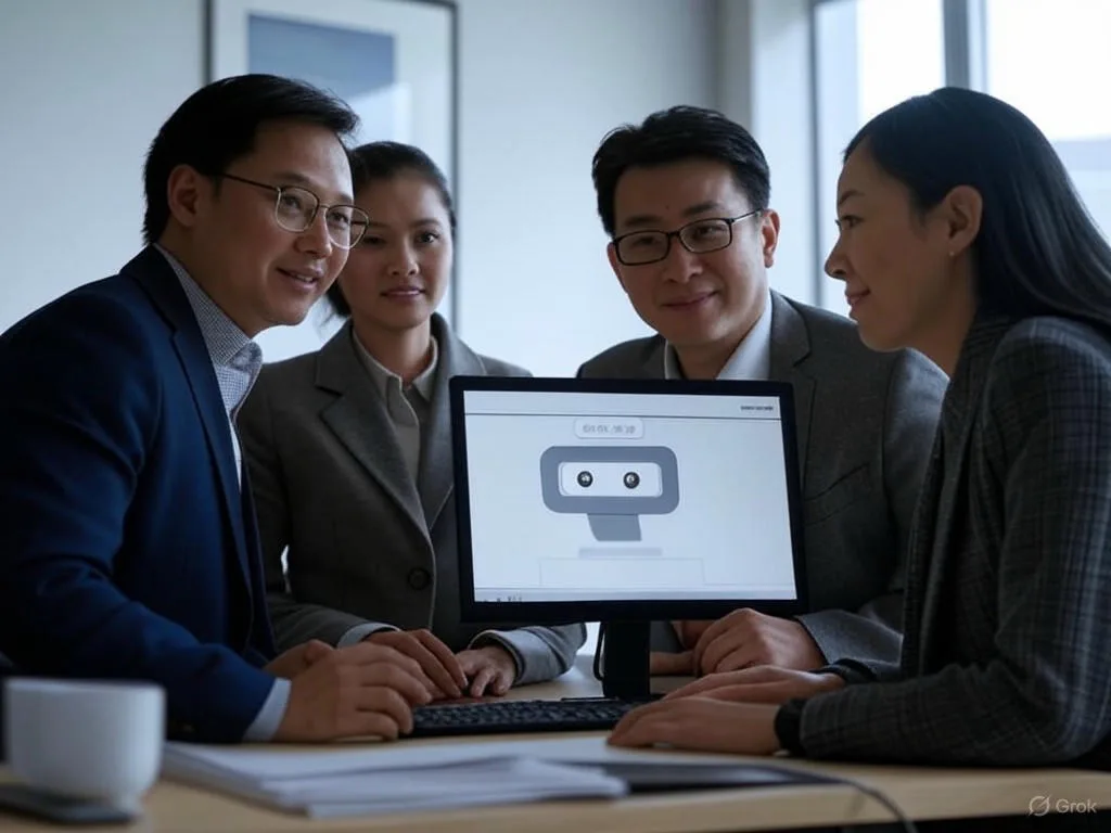 Ba chuyên gia Việt Nam đang thảo luận về triển khai chatbot AI trong văn phòng hiện đại, quây quanh bàn với máy tính hiển thị giao diện chatbot đơn giản.