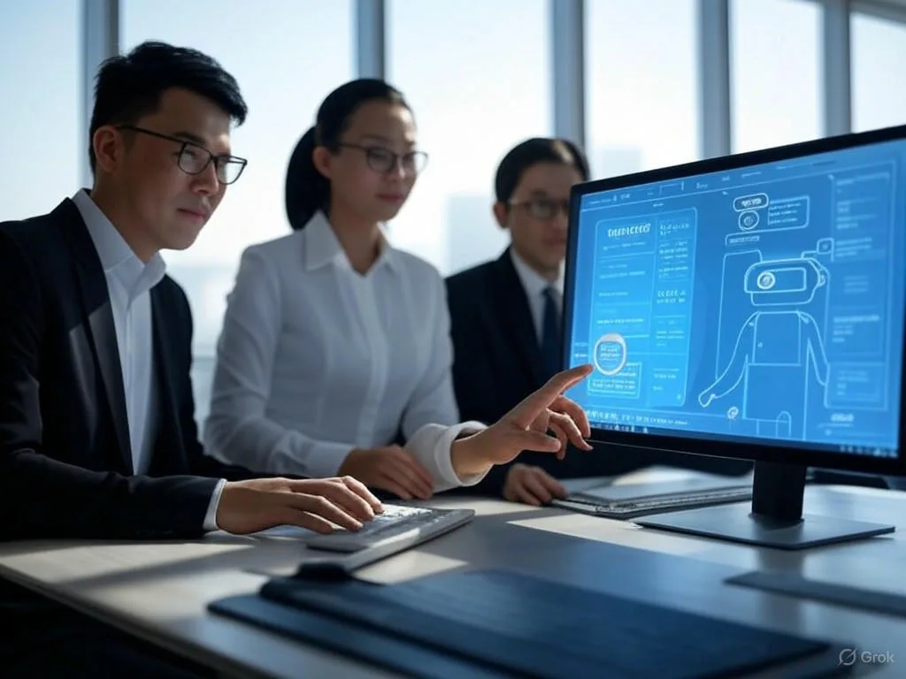 Ba chuyên gia Việt Nam hợp tác trong văn phòng hiện đại, triển khai chatbot trên máy tính, nhấn mạnh hiệu quả và tương tác khách hàng với lợi ích như tiết kiệm 30% và hỗ trợ 24/7.