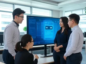Tương lai của AI Chatbot được minh họa qua hình ảnh ba nhân viên Việt Nam hợp tác với giao diện chatbot trên màn hình lớn trong văn phòng dịch vụ khách hàng hiện đại, thể hiện sự cân bằng giữa công nghệ và tương tác con người.