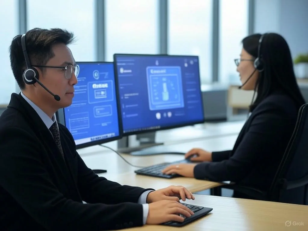 Hai nhân viên dịch vụ khách hàng Việt Nam trong văn phòng hiện đại, đang tương tác với chatbot AI trên màn hình máy tính hiển thị 'Chatbot AMI', minh họa cho Tương lai của AI Chatbot.