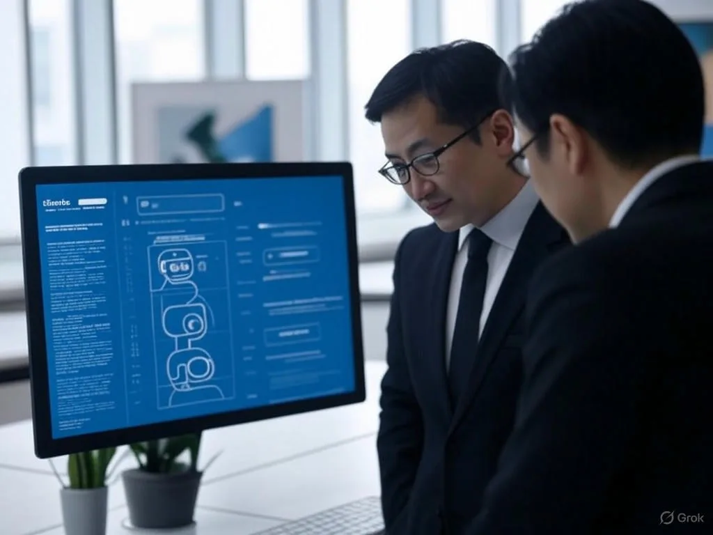 Hình ảnh minh họa Tương lai của AI Chatbot trong văn phòng hiện đại, với giao diện chatbot trên màn hình máy tính hỗ trợ khách hàng và hai cá nhân người Việt đang quan sát.