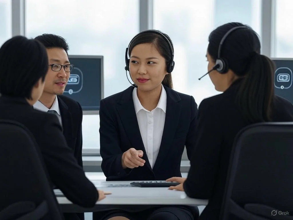 Tương lai của AI Chatbot: Ba nhân viên dịch vụ khách hàng Việt Nam đang hợp tác trong văn phòng hiện đại, sử dụng màn hình máy tính hiển thị giao diện đơn giản của AI Chatbot, với một người tương tác qua tai nghe để cân bằng giữa công nghệ và sự đồng cảm con người.