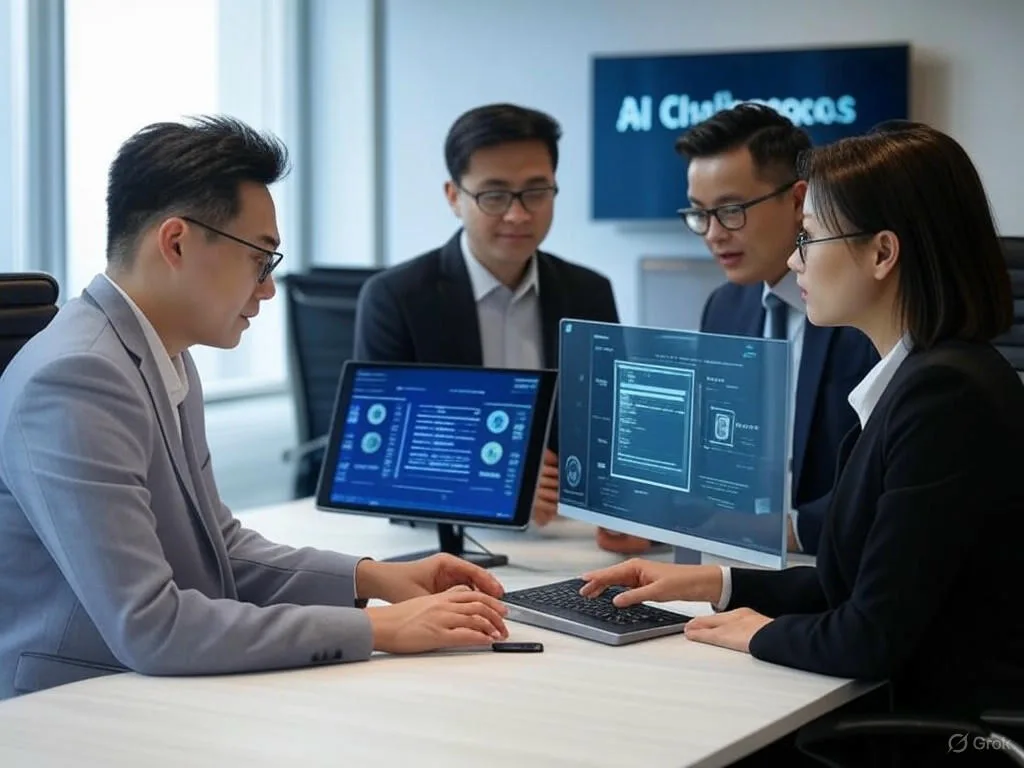 Ba chuyên gia Việt Nam đang hợp tác trong văn phòng hiện đại để phát triển hệ thống AI Chatbot, với một người xem xét dữ liệu, một người huấn luyện giao diện, và một người cân bằng yếu tố tương tác con người, minh họa cho Tương lai của AI Chatbot.
