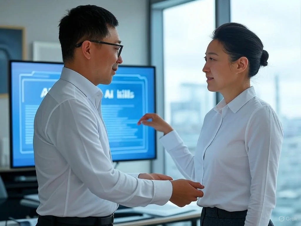 Hai chuyên gia châu Á trong văn phòng hiện đại tương tác với giao diện AI holographic, thể hiện tương lai của AI Chatbot qua sự hợp tác, học hỏi và đổi mới.