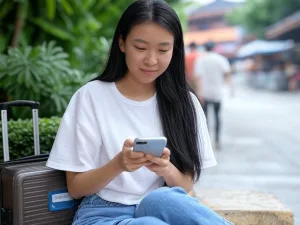 Một phụ nữ trẻ Việt Nam đang sử dụng điện thoại thông minh để tương tác với chatbot du lịch nhằm đặt phòng khách sạn, trong bối cảnh du lịch sôi động với nền nhiệt đới và vali.