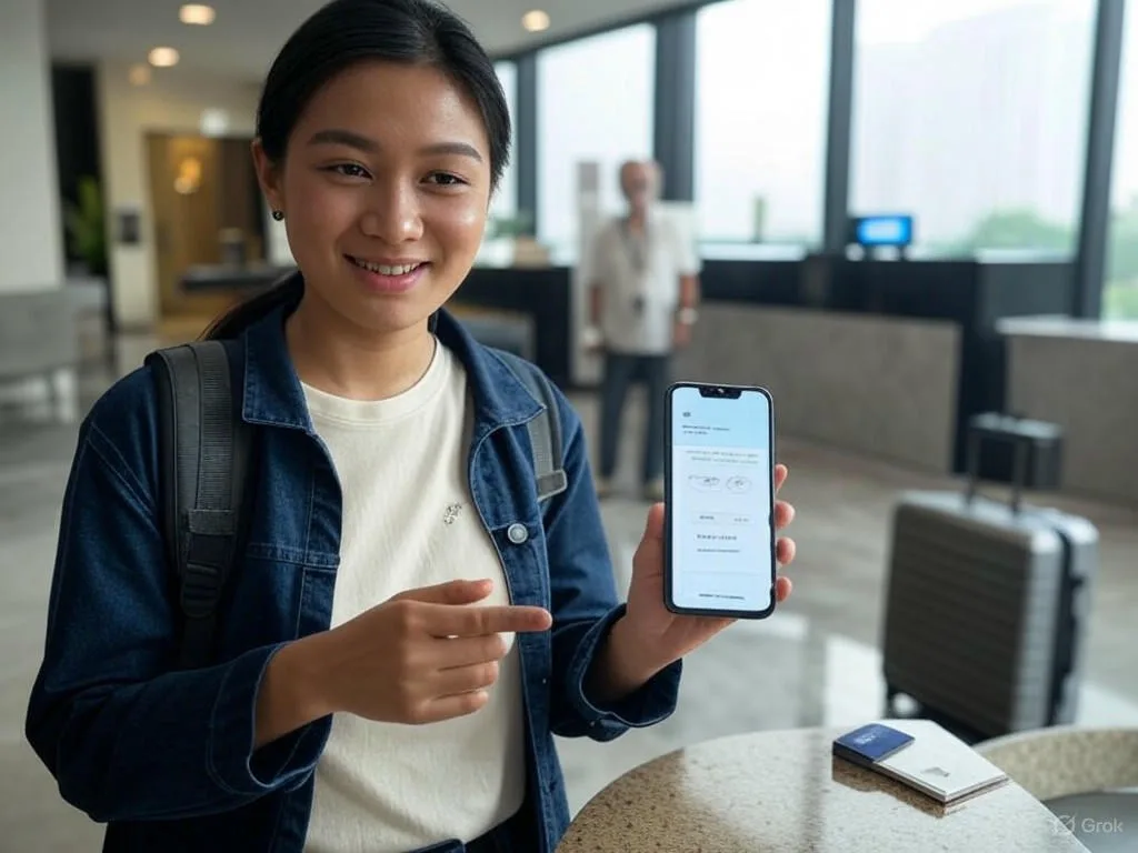 Một du khách trẻ người Việt đang tương tác với chatbot du lịch trên smartphone trong sảnh khách sạn hiện đại, với màn hình hiển thị \