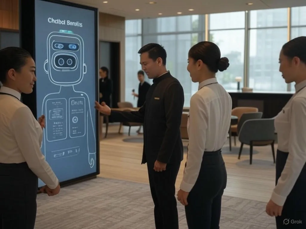 Hình ảnh sảnh khách sạn hiện đại với chatbot du lịch trên màn hình đang hỗ trợ khách hàng, cùng ba nhân viên Việt Nam làm việc hiệu quả, minh họa lợi ích tự động hóa và phản hồi nhanh chóng.